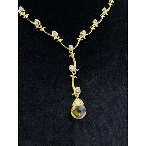 Avon NOS Gold Tone Briolette Vine Y Drop Clear Rhinestone Citrine Color Necklace - Picture 2 of 12